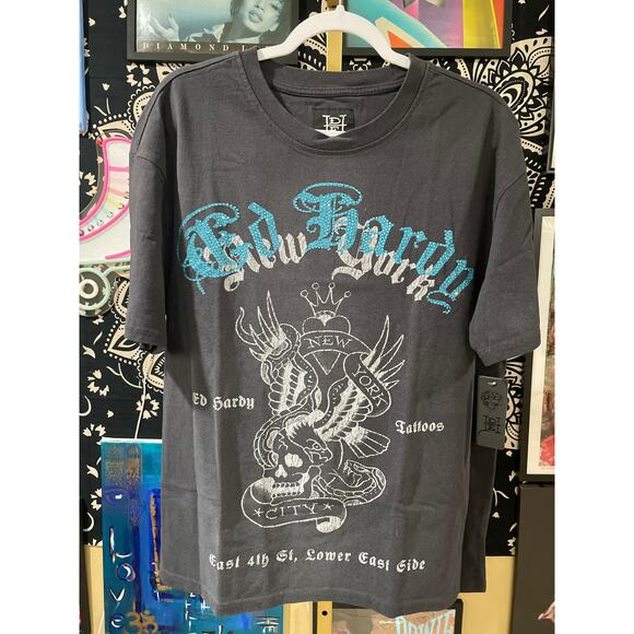NWT Ed Hardy NYC Eagle Oversized Y2K Streetwear Short Sleeve Tee Charcoal Medium - Picture 1 of 8